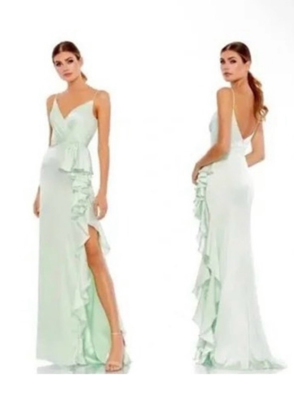 MAC DUGGAL PISTACHIO SATIN RUFFLED ASYMMETRICAL GOWN NWT 🌴